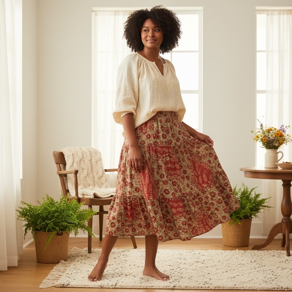 CHAPS Cottagecore Floral Cotton Tiered Skirt Size Large